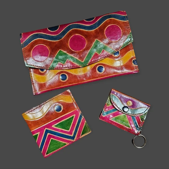 Vintage Leather Made in India Three Piece Clutch Wallet and Coin Purse Key Chain - Picture 2 of 14